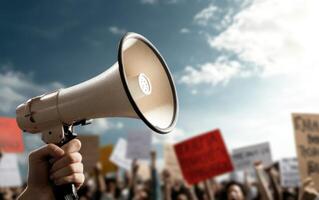 A megaphone is held up in front of a crowd of people holding up signs photo