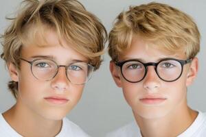 Two boys wearing glasses on a gray background photo