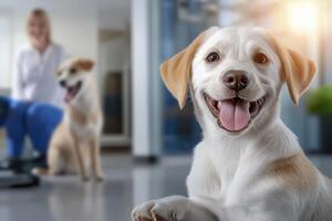Two happy puppies are in a veterinary clinic. One puppy smiles brightly in the foreground, while the other sits calmly in the background near a friendly veterinarian photo