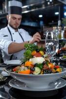 A skilled chef arranges a colorful plate filled with fresh vegetables, including bright peppers and greens, in a lively kitchen setting. Attention to detail highlights culinary artistry photo