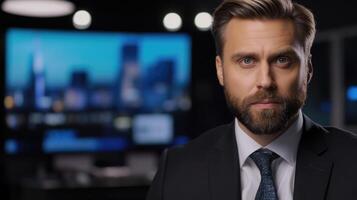 A man with a beard and suit in front of a tv photo