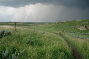 A man walking through a field with lightning in the background photo