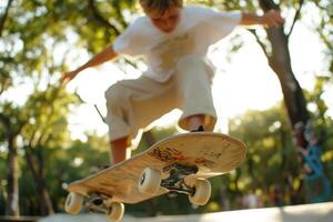 A young skateboarder executes an ollie over the edge of a skateboard ramp, surrounded by trees in a sunlit park. This activity showcases their skill and determination in skating photo