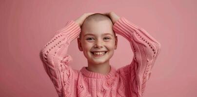 A young boy with a shaved head smiles for the camera photo