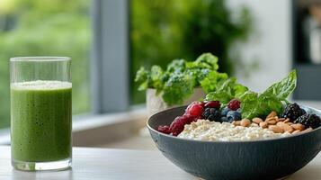 A vibrant breakfast spread includes a green smoothie and a bowl of oatmeal topped with berries and nuts. Sunlight streams in through a window, enhancing the freshness photo