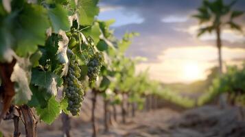 maduro verde uvas colgar desde vides en un vibrante viñedo como el Dom conjuntos, fundición un calentar brillo. palma arboles marco el paisaje, mejorando el tranquilo atmósfera foto