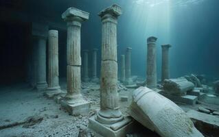 Submerged historical ruins showcase ancient columns and scattered stones under clear blue water, highlighting remnants of a lost civilization. Soft light filters through the surface photo