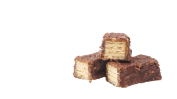 Golden caramel wafer bars with crispy layers and chocolate topping isolated on transparent background png
