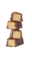 Stack of golden crispy wafer bars dipped in chocolate with caramel and rice crisps isolated on transparent background png