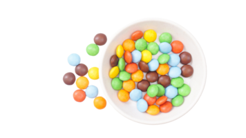 Rainbow colored chocolate candies with a crisp sugar shell and chocolate filling isolated on transparent background png