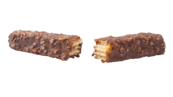 Sweet and crunchy wafer bars with chocolate caramel and puffed rice isolated on transparent background png