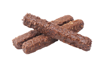 Layered wafer bars with smooth chocolate coating caramel and crisp rice isolated on transparent background png