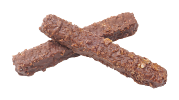 Delicious chocolate coated wafer bars with crunchy layers and caramel filling isolated on transparent background png
