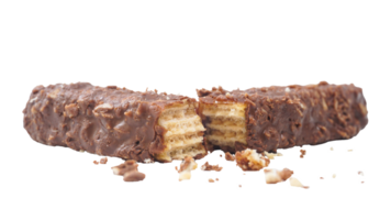 Crispy and sweet chocolate wafer bars with caramel and rice crisps isolated on transparent background png