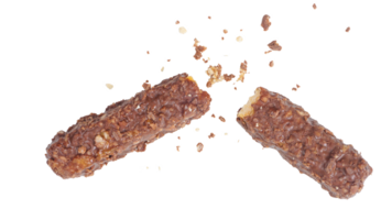 Chocolate coated crispy wafer bars with caramel and puffed rice isolated on transparent background png