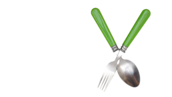 A pair of stainless steel spoon and fork with green handle isolated on transparent background png