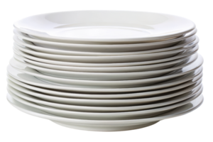 Stack of clean white plates ready for serving meals isolated on a transparent background png