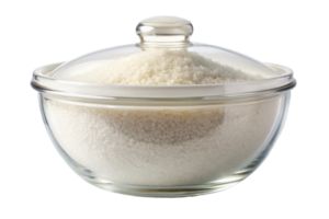 Glass jar filled with fine sugar for culinary use isolated on a transparent background png