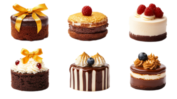 Mini cakes assortment with cream and berries decoration, cut out transparent png