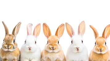 Five rabbits row, front view, different colors, cut out transparent png