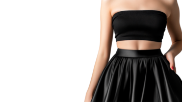 Torso in black top and skirt posing, studio shot, cut out transparent png