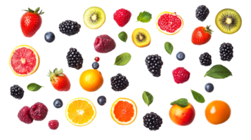 Assorted Berries and Fruits on Black Background, cut out transparent png