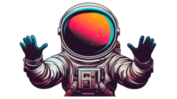 Spaceman extending arms in space with colorful helmet, cut out transparent png
