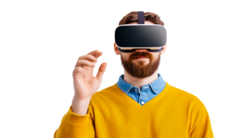 Man with VR headset interacting with virtual reality, cut out transparent png