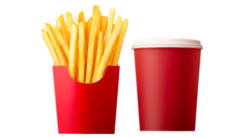 Crispy fries in red box, red cup with cap, isolated, cut out transparent png