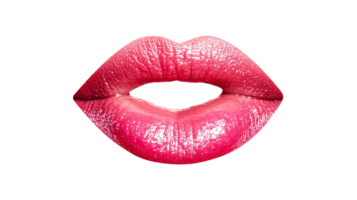 Glossy red lips with lipstick in center of frame, cut out transparent png