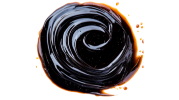 Abstract swirl of dark caramel liquid with drops, cut out transparent png