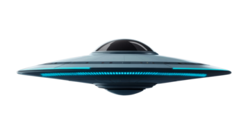 futurista prata UFO paira com brilhando azul luzes dentro a escuro, cortar Fora transparente png