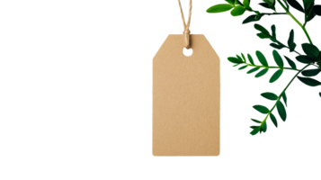 Blank tag with twig and copy space in a black backdrop, cut out transparent png