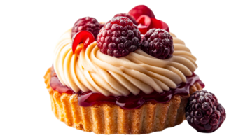 Raspberry tartlet with cream on a black background, cut out transparent png