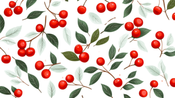 Pattern of red berries and foliage on black background, cut out transparent png