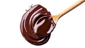 Chocolate dessert on wooden spoon, shiny and textured, cut out transparent png