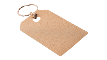 Textured tag with twine loop, on black background, cut out transparent png