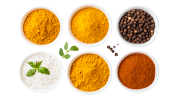 Assorted spices in bowls on black background, overhead view, cut out transparent png