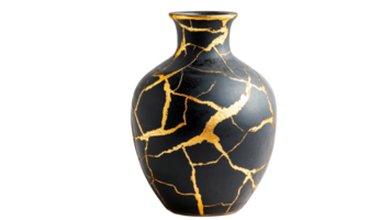 Black vase with cracks filled gold on background, cut out transparent png