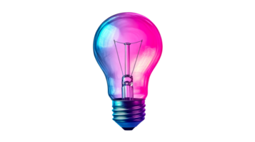 Glowing lightbulb in pink and blue colors on black background, cut out transparent png