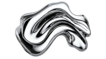 Chrome abstract flowing metallic shape in dynamic waves, cut out transparent png