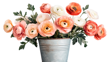 Ranunculus in rustic bucket, cut out transparent png