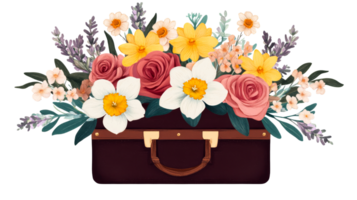 Suitcase of spring flowers, rose, daffodil and lavender bouquet, cut out transparent png