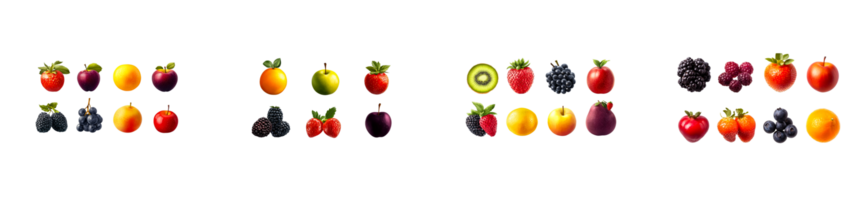 Fresh assorted fruits and berries arranged, vibrant, juicy, raw, cut out transparent png