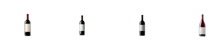 Four different wine bottles with blank labels, cut out transparent png