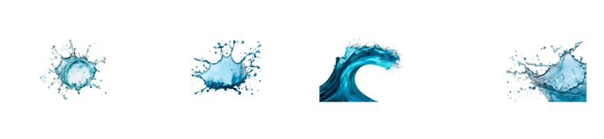 Set of realistic splashes of blue water on black background, cut out transparent png