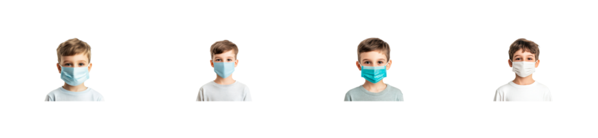 Four boys with various medical masks, studio shot, cut out transparent png