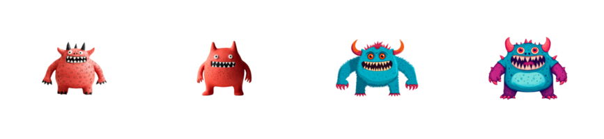 Cartoon monsters with horns and fangs in a row, cut out transparent png