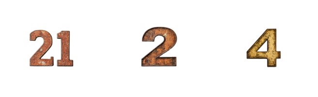 21, 2, 4, rusted metal font, numerals, alphabet, isolated, retro, vintage, cut out transparent png