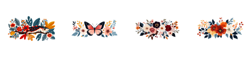 Floral Decoration Elements Set With Butterfly and Lizard, cut out transparent png